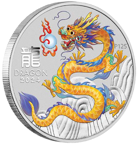 2024 ANDA Melbourne Money Expo Perth Mint Australian Lunar Series III-Year of the Dragon Yellow 1oz Silver Coloured Coin 
