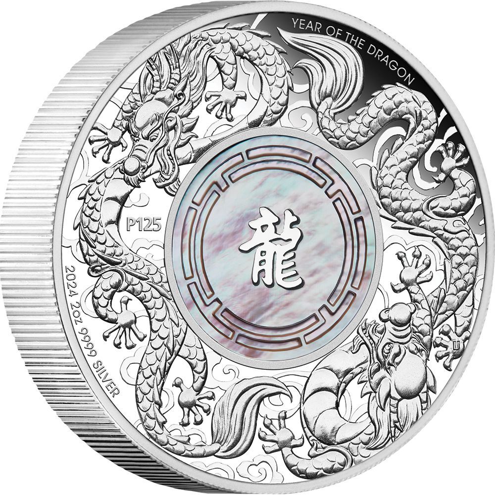 2024 Double Dragon with Mother of Pearl Insert 2oz Silver Proof Coin