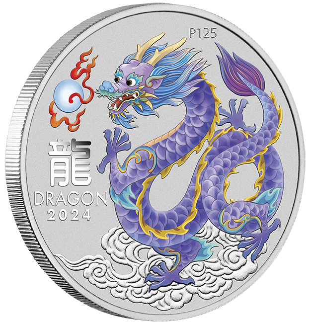 2024 ANDA Sydney Money Expo 2024 Australian Lunar Series III Year of the Dragon 1 Oz Silver Lilac Coloured Coin Card