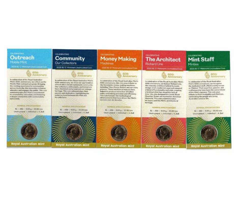 5 x 2025 $1 60th Anniversary of Royal Australian Mint C Mintmark Set Of All Card Styles