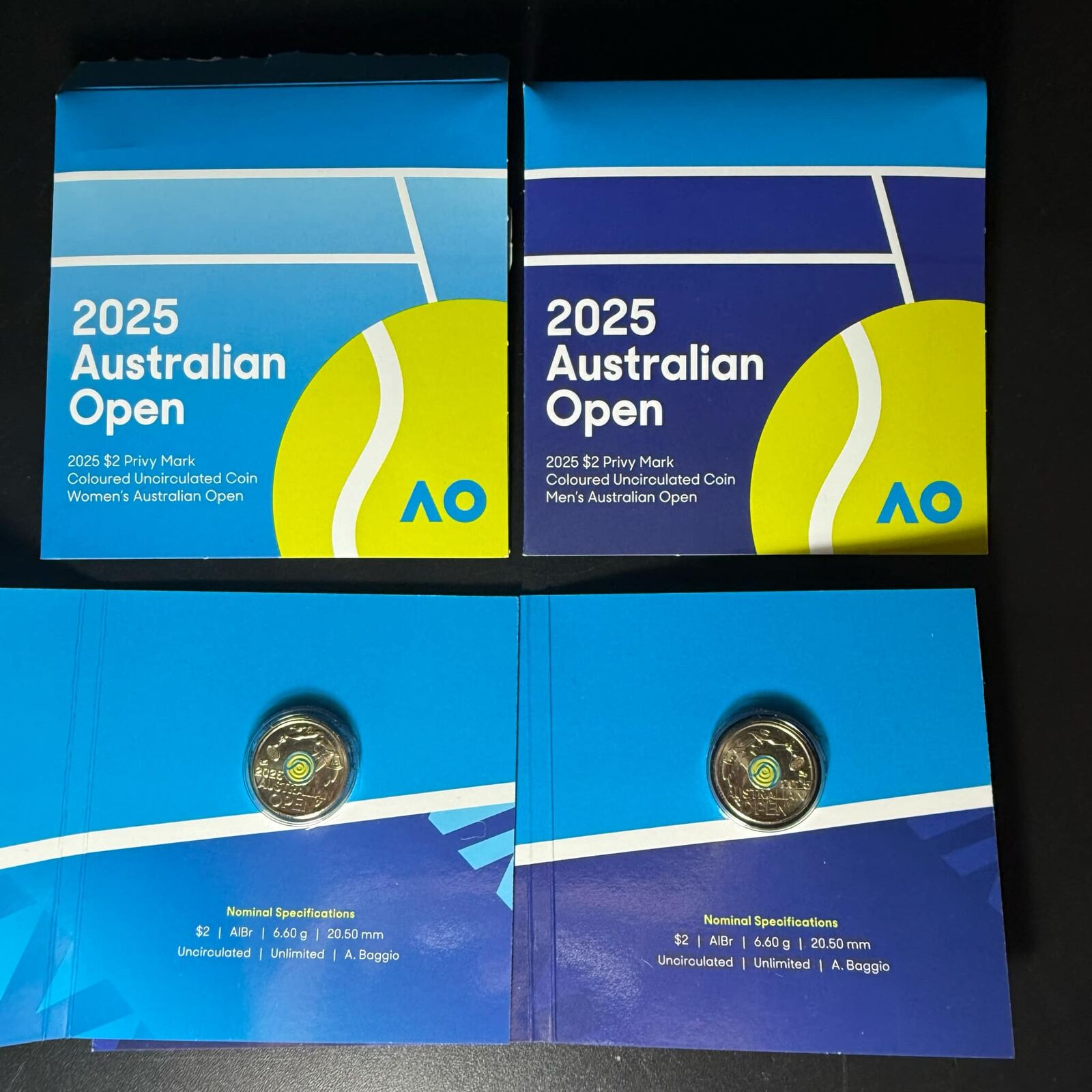 2025 $2 Yellow/Fluro Australian Open Men's + Women's Limited Edition Coloured Privy Mark Coin Pair