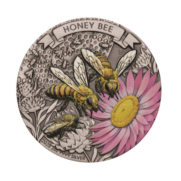 2025 $2 Honey Bee  Antiqued Coloured 2oz Silver Coin