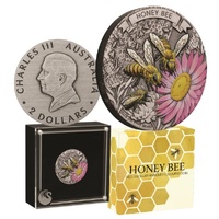 2025 $2 Honey Bee  Antiqued Coloured 2oz Silver Coin