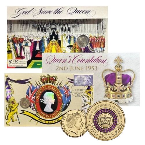 THE CORONATION OF QUEEN ELIZABETH II PNC WITH 1953 CORONATION STAMPS
