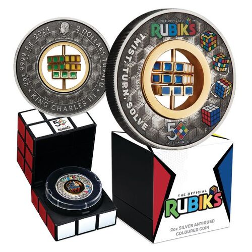 2024 $2 Rubik's Cube 50th Anniversary 2oz Silver Antiqued Coloured Coin