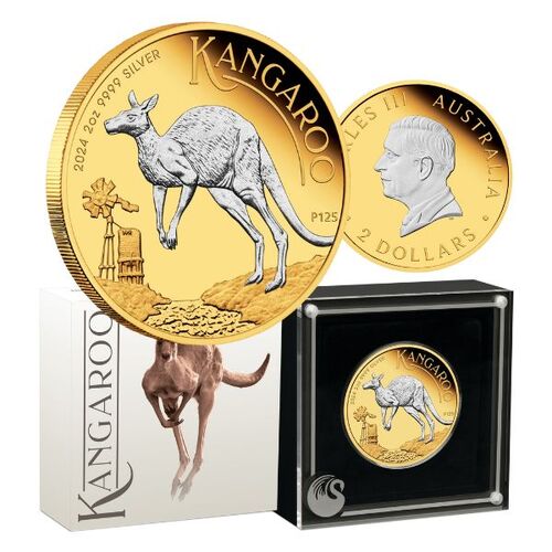 2024 $2 Australian Kangaroo 2oz Silver Proof Reverse Gilded Coin