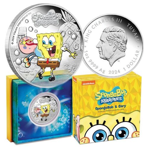 2024 $1 SpongeBob SquarePants – SpongeBob and Gary 1oz Silver Proof Coloured Coin