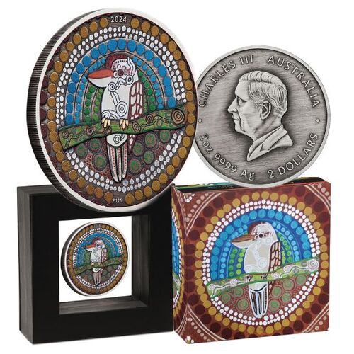 2024 $2 Kookaburra Kaa-Kaa 2oz Silver Antiqued Coloured Coin