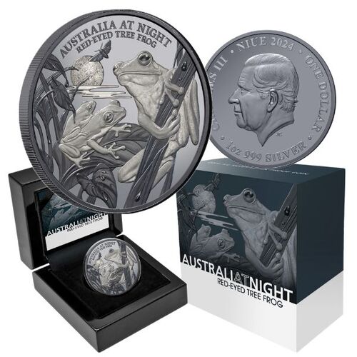 2024 $1 Australia at Night Red-eyed Tree Frog 1 Oz Silver Black Proof Coin