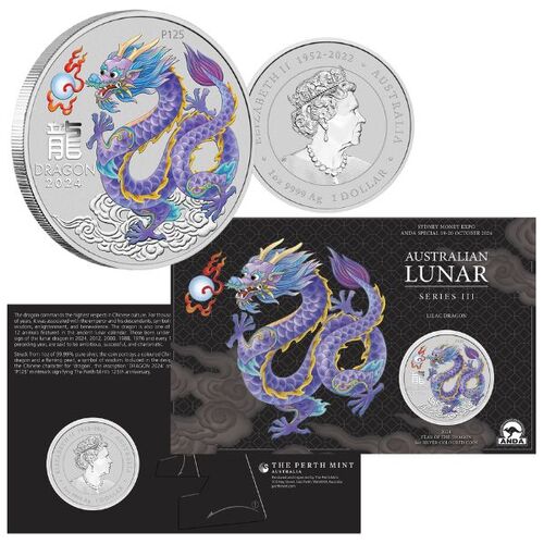 2024 ANDA Sydney Money Expo 2024 Australian Lunar Series III Year of the Dragon 1 Oz Silver Lilac Coloured Coin Card