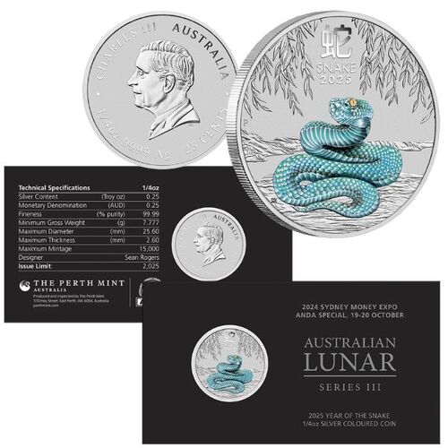 2024 ANDA Sydney Money Expo 2025 Year of the Snake 1/4 Oz Silver Coloured Coin Card 