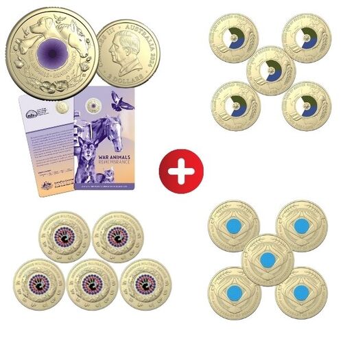 War Remembrance COMBO -1x War Animals $2 ‘C’ Mintmark + 3x Coloured $2 RAM Bag of 5 