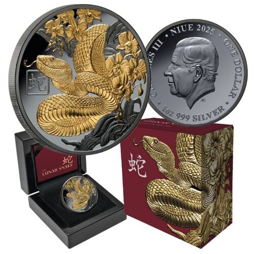 2025 $1 Lunar Year of the Snake 1 OZ Gold Plated Silver Black Proof Coin 