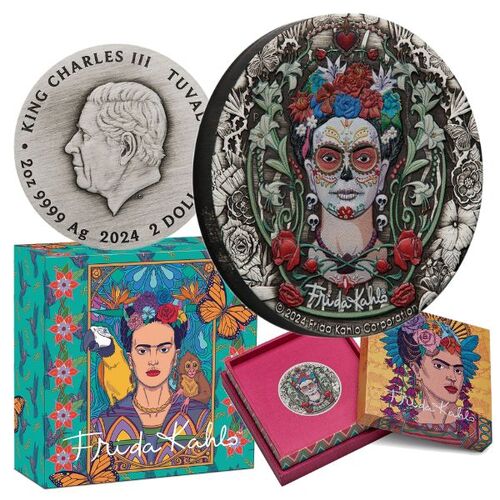 2024 Frida Kahlo 2 Oz  Silver Antiqued Coloured Coin