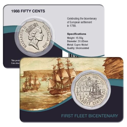 1988 50c Australia Bicentenary First Fleet Cupro-Nickel Uncirculated Coin Pack Style 2