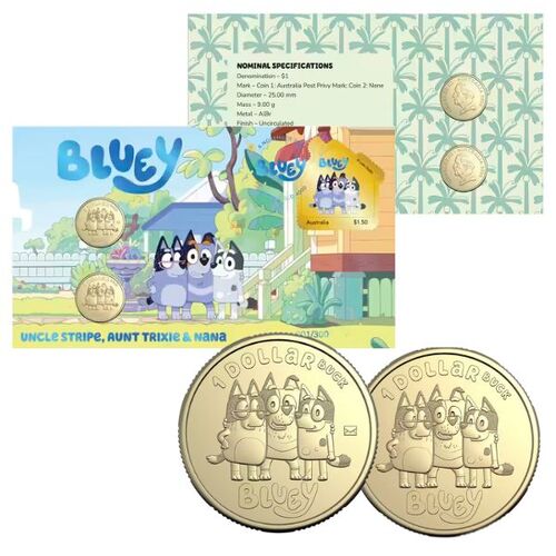 2024 Bluey Limited Edition 2-Coin and Minisheet Collection – Nana, Stripe and Trixie