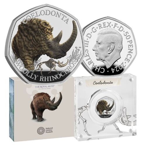  2024 50p Ice Age Giants Woolly Rhinoceros UK Silver Proof Colour Coin