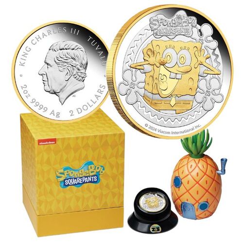  2024 $2 SpongeBob SquarePants 2 Oz Silver Proof Gilded Coin