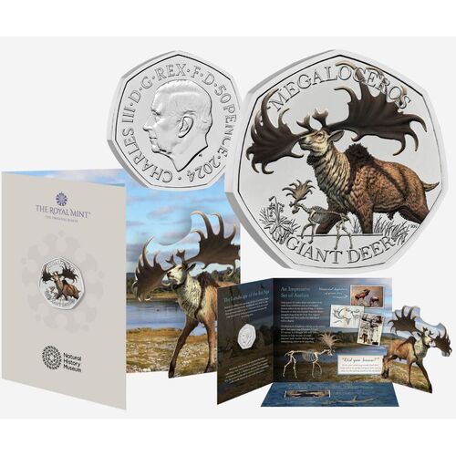 2024 Ice Age Giants - Giant Deer UK 50p Brilliant Uncirculated Colour Coin 