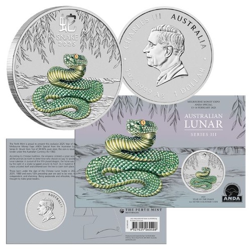 2025 ANDA Melbourne Money Expo Australian Lunar Series III Year of Snake 1oz Silver Coloured Coin