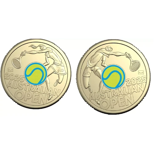 2025 $2 Yellow/Fluro Australian Open Men's + Women's Limited Edition Coloured Privy Mark Coin Pair